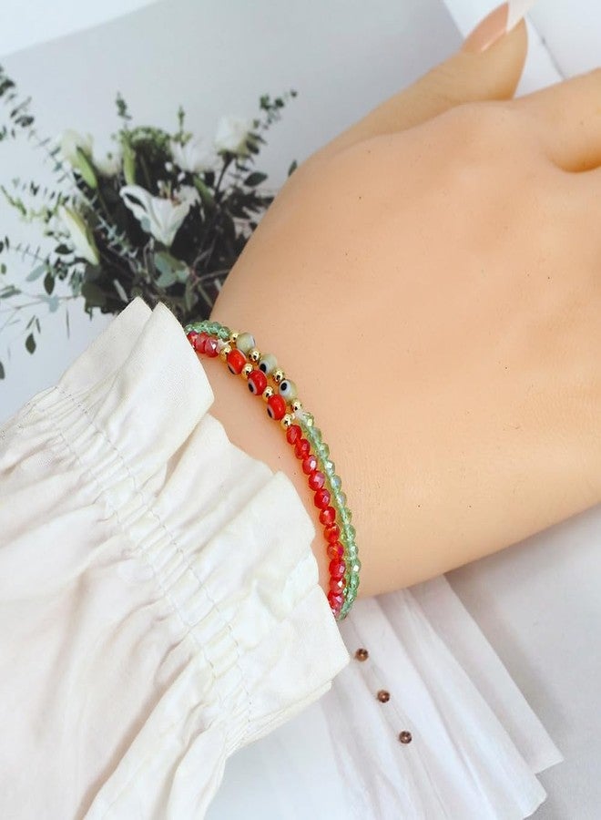 DATOA Evil Eye Rhinestone Crystal Bead Bracelet Handmade Beaded Stretch Bracelet Beach Jewelry-Red - Image 4